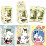 A professional display of the Card.Fun Moomin collection box, featuring high-fidelity art of Moomintroll, Snufkin, and Little My in Moominvalley.